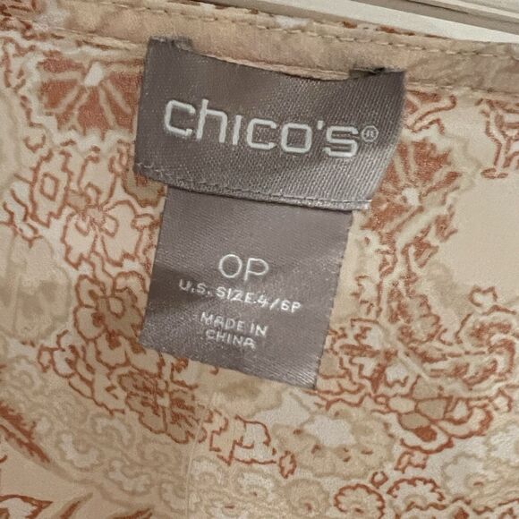 Chico’s Flounce-Front Paisley Blouse Pink Sheer Long Sleeve V-Neck Size 6 Petite - Picture 4 of 11